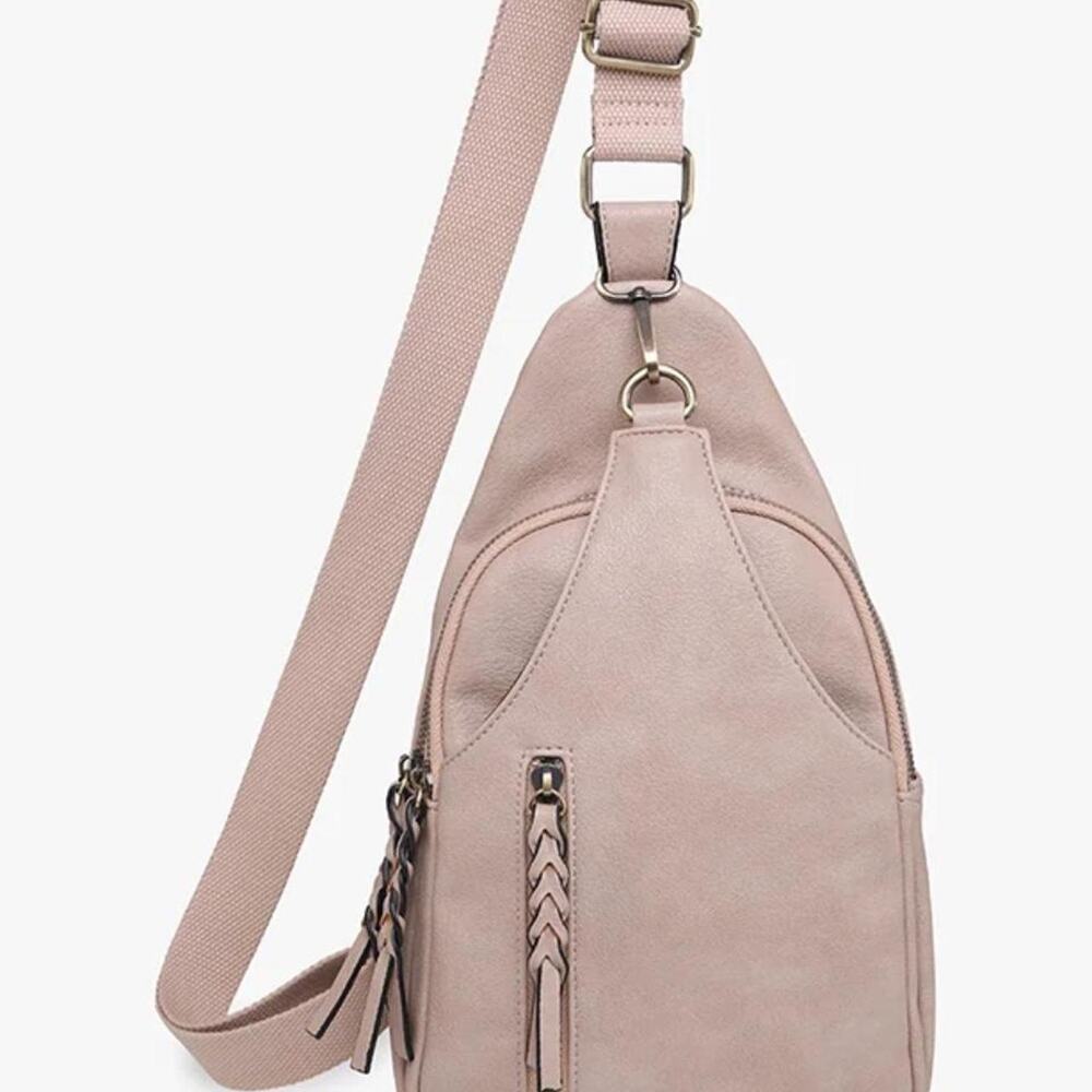 Jen & Co Vegan Leather Sling Crossbody Braided Zip Bag in Sand /Taupe M2342